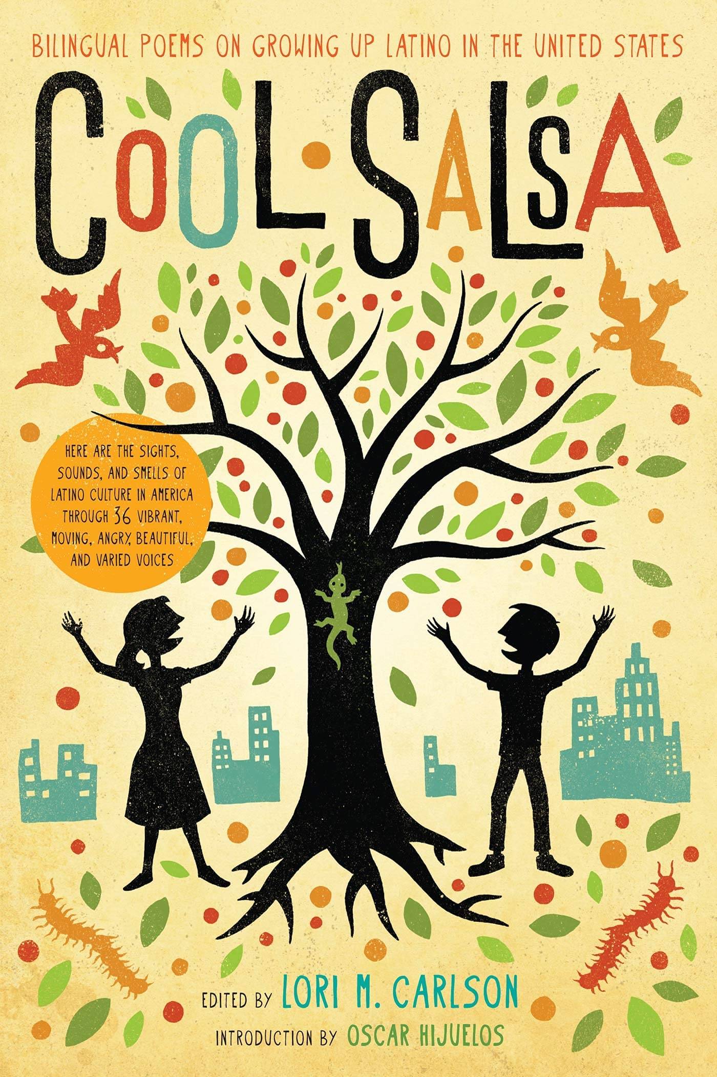 "cool salsa" book cover with a green tree in the center and two figures standing beneath it and reaching toward the sky.